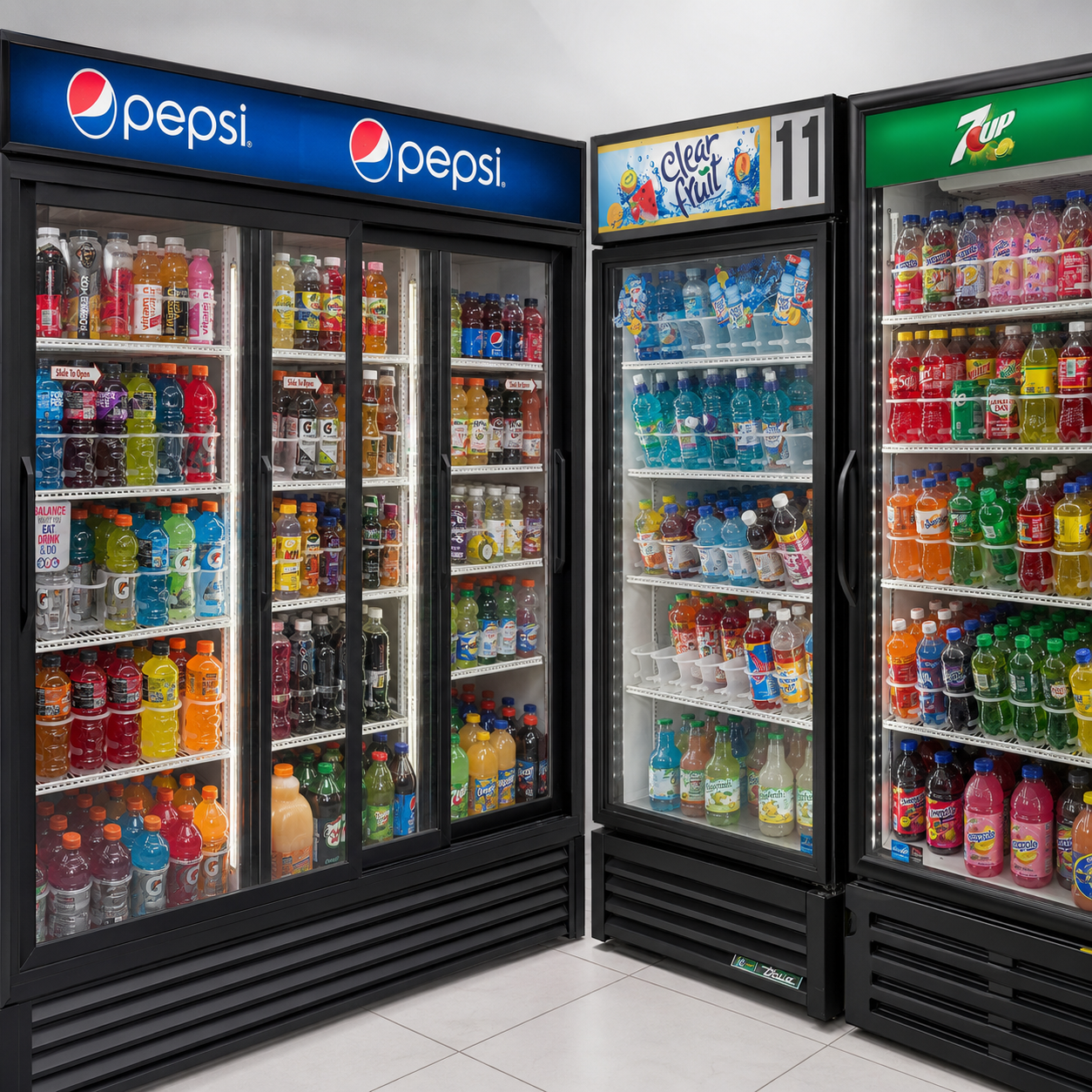 Refrigerated soft drinks, bottled water, and assorted beverages