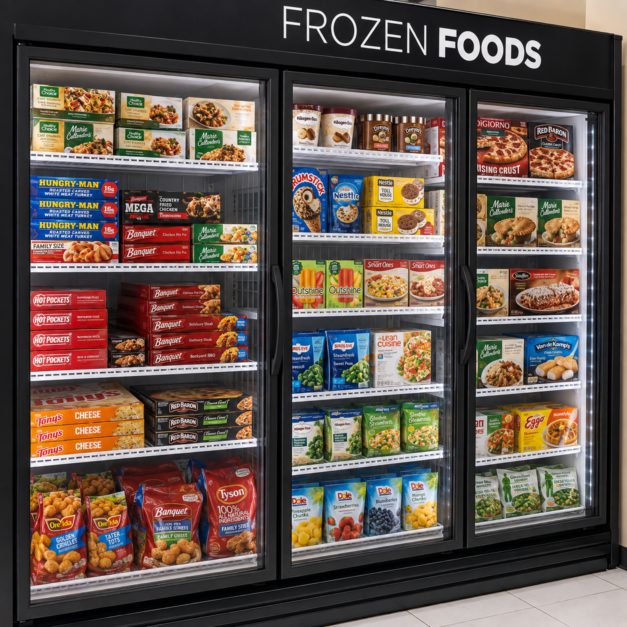 Ice cream scoops and packaged frozen foods in a freezer display