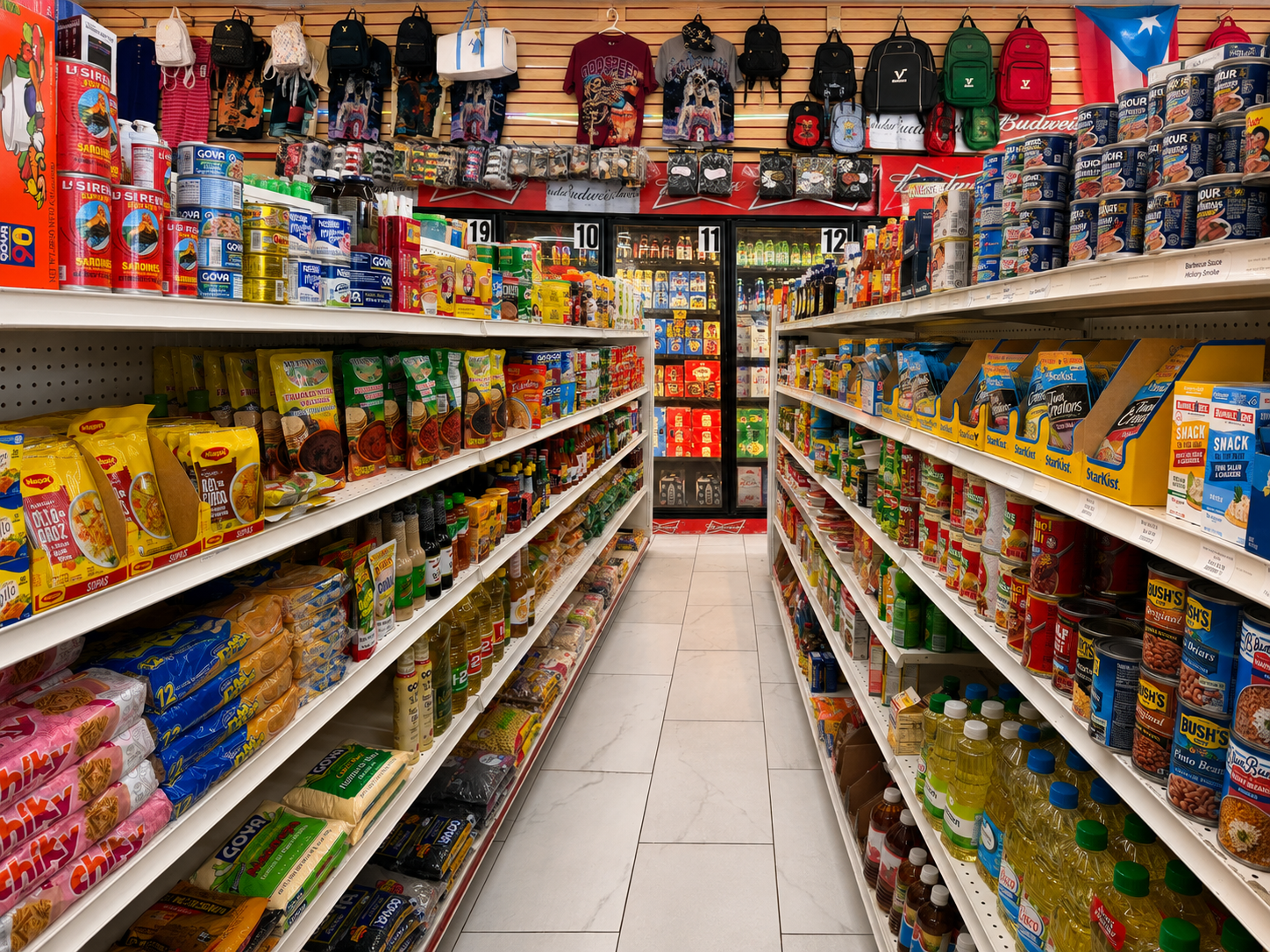 Canned goods, cereal boxes, seasonings, and packaged pantry items on shelves