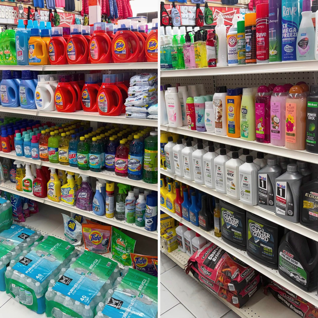 Cleaning supplies, paper products, and personal care toiletries