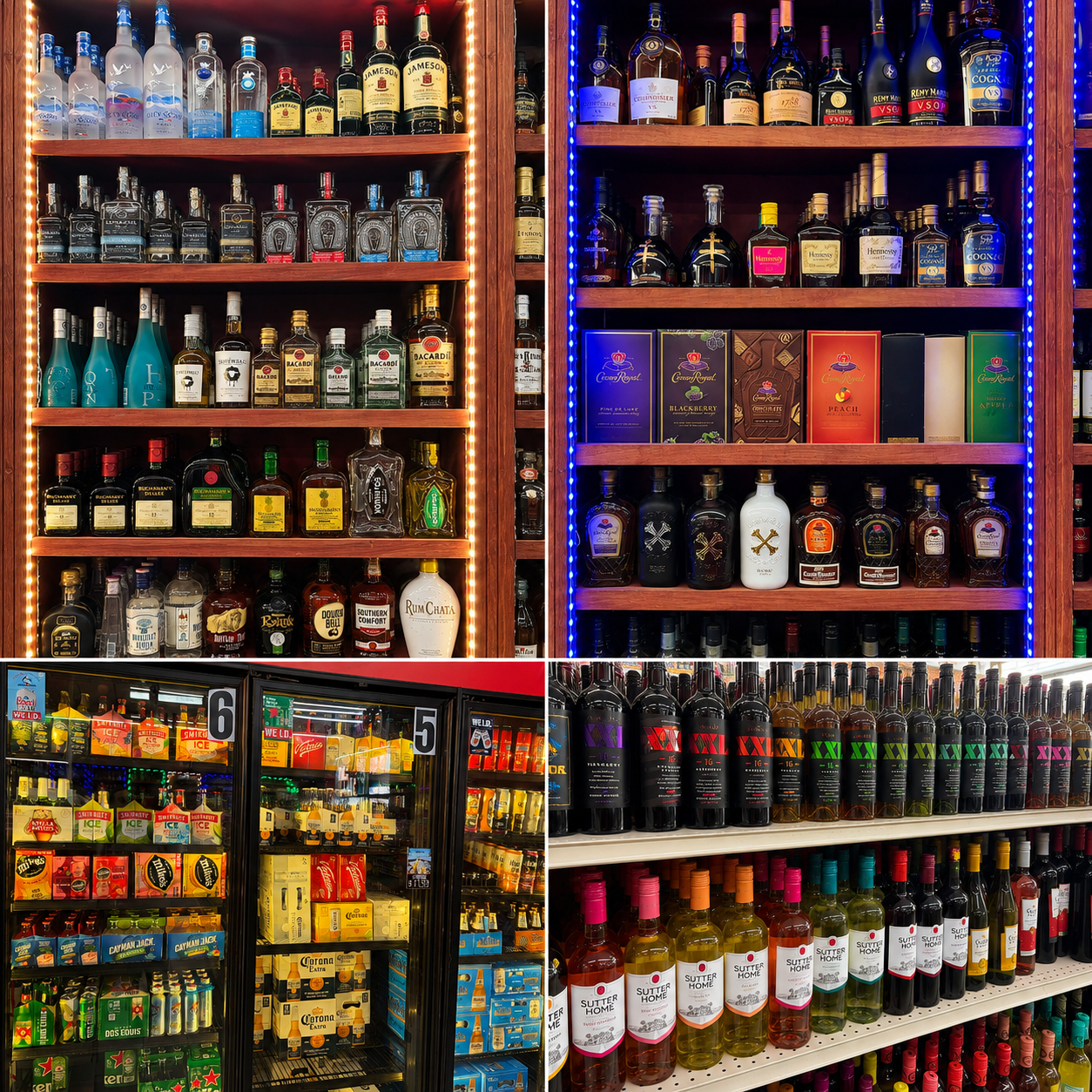 Assorted bottled beer, wine, and spirits displayed on a store shelf