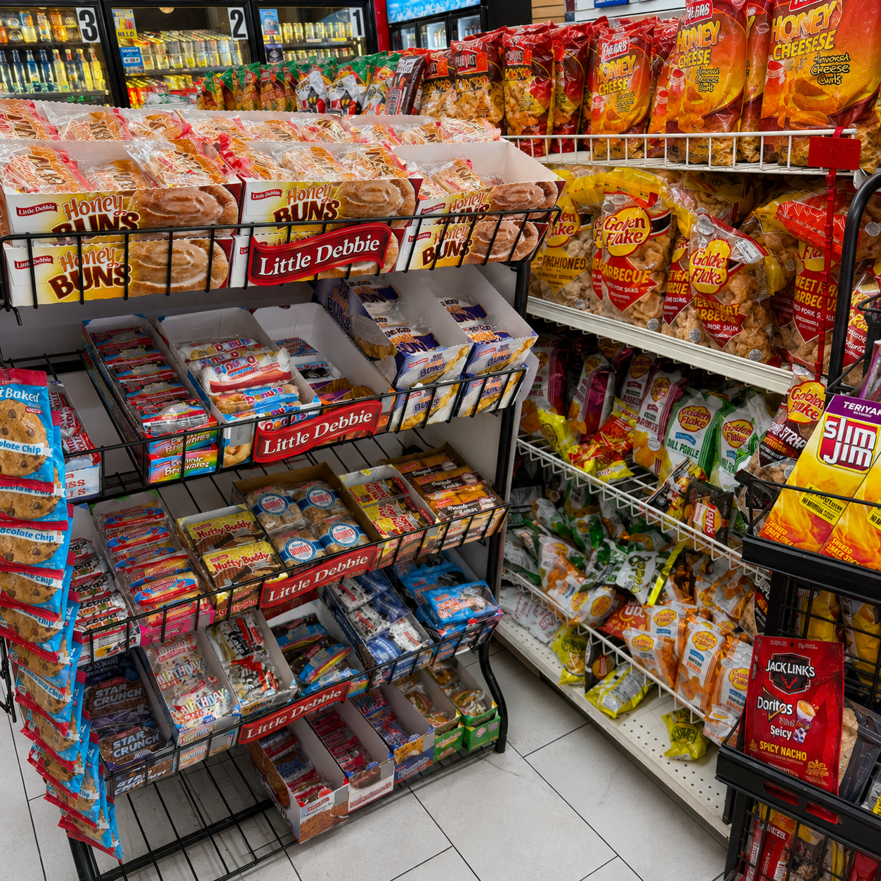 Assorted chips, candy, cookies, and packaged snack foods