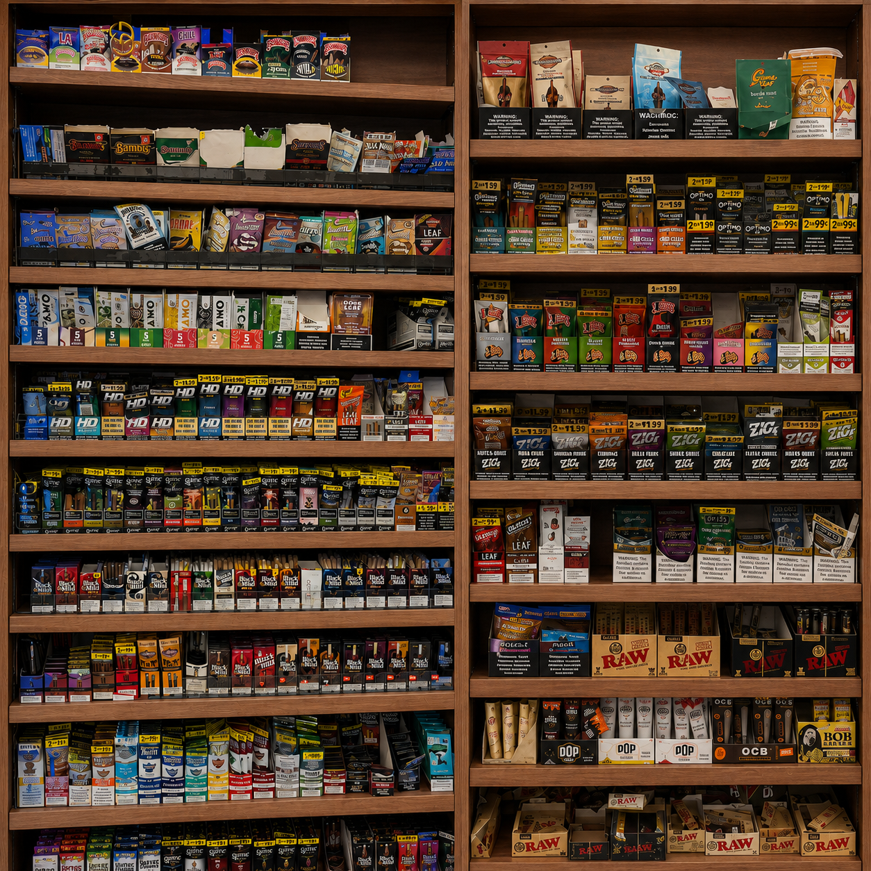 Assorted tobacco products displayed on wooden store shelves