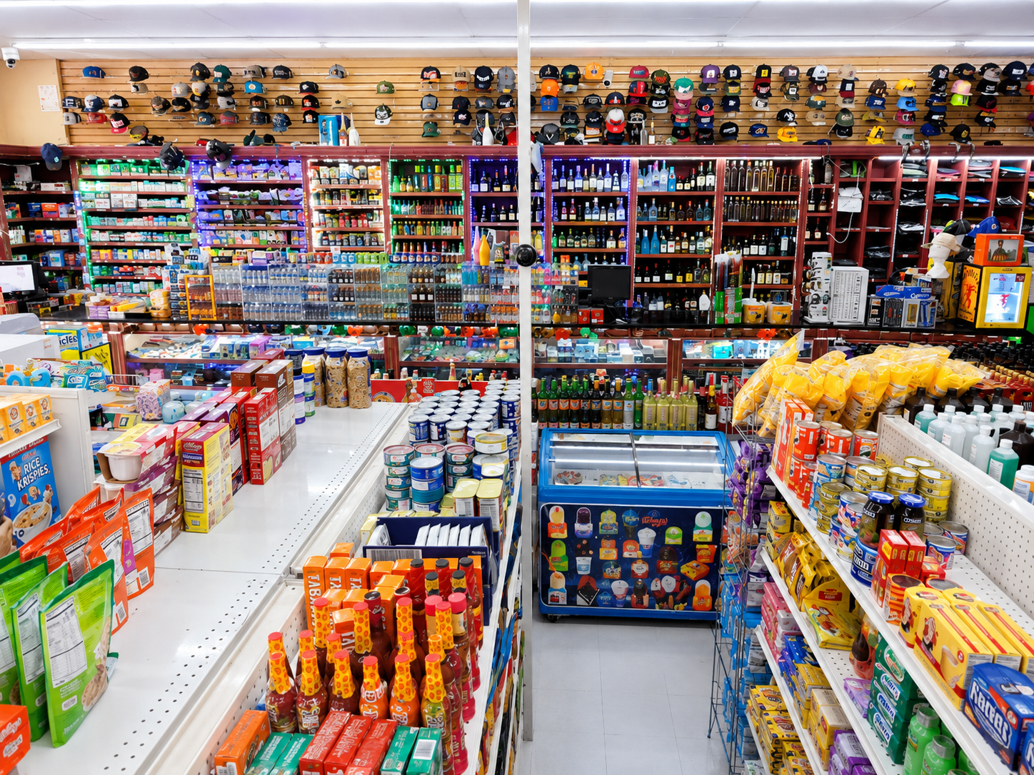 Inside Major Discount Food Mart, showing stocked shelves and drink coolers